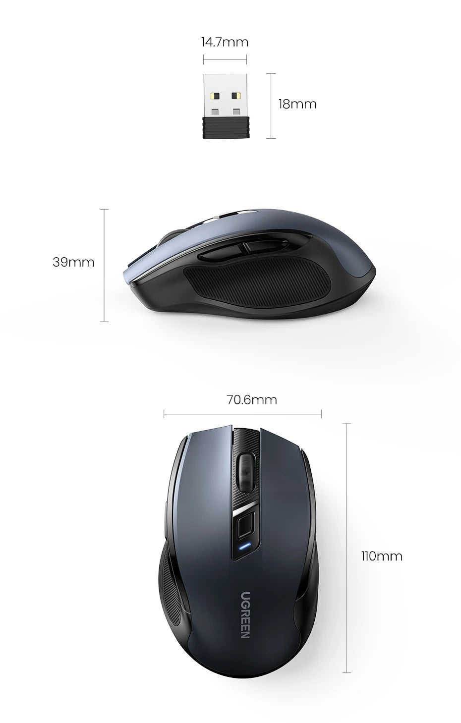 UGREEN Wireless Mouse Bluetooth5.0 Mouse Ergonomic 4000DPI 6 Mute Buttons Mouse For MacBook Tablet Laptops Computer PC 2.4G Mice