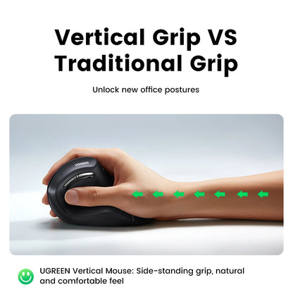 UGREEN Vertical Mouse Wireless Bluetooth5.0 2.4G Ergonomic 4000DPI 6 Mute Buttons for MacBook Tablet Laptops Computer PC Mice