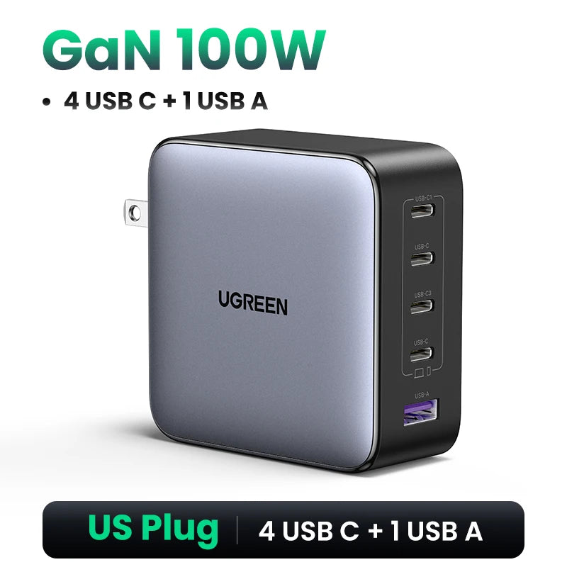 UGREEN 100W GaN Charger 5 Ports USB C Charger QC4.0 3.0 PPS For Macbook Air Laptop Tablet PDFast Charger For iPhone 16 15 14 Pro