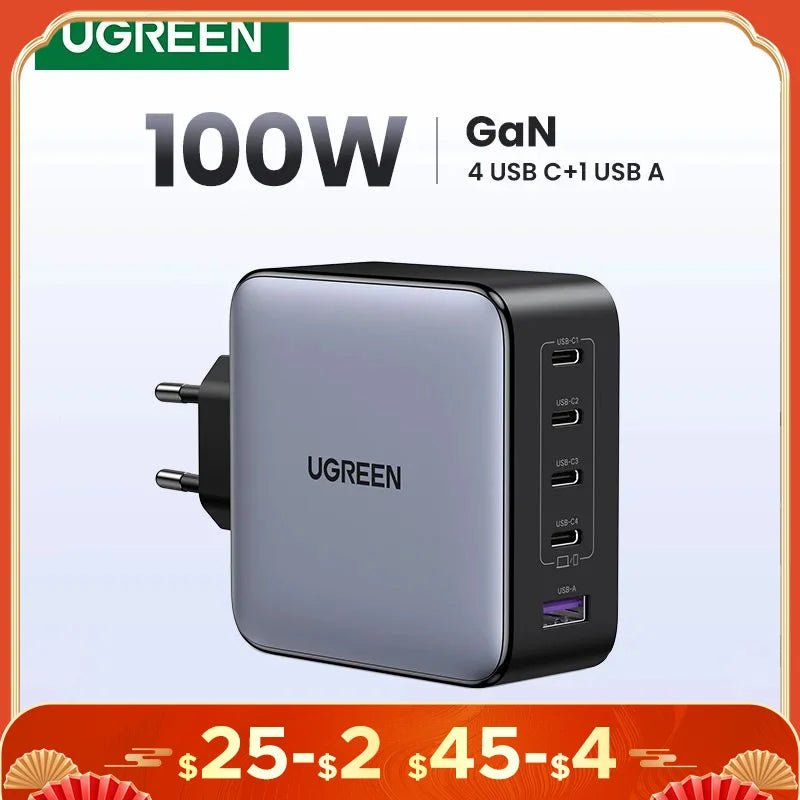 UGREEN 100W GaN Charger 5 Ports USB C Charger QC4.0 3.0 PPS For Macbook Air Laptop Tablet PDFast Charger For iPhone 16 15 14 Pro