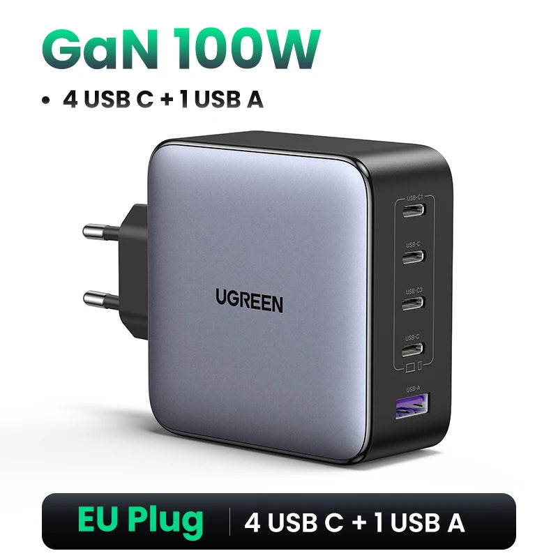 UGREEN 100W GaN Charger 5 Ports USB C Charger QC4.0 3.0 PPS For Macbook Air Laptop Tablet PDFast Charger For iPhone 16 15 14 Pro