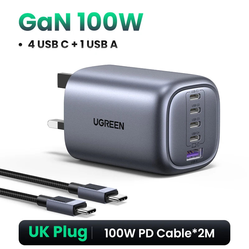 UGREEN 100W GaN Charger 5 Ports USB C Charger QC4.0 3.0 PPS For Macbook Air Laptop Tablet PDFast Charger For iPhone 16 15 14 Pro