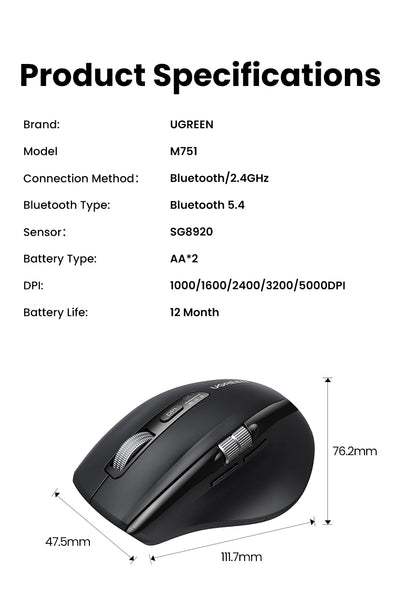 UGREEN Hyper-Fast Scroll Wireless Mouse Bluetooth 5.4 2.4G Ergonomic 5000DPI for MacBook Tablet Laptops Computer PC Mice