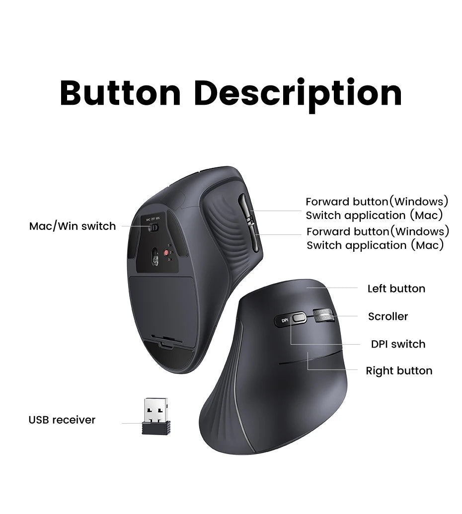 UGREEN Vertical Mouse Wireless Bluetooth5.0 2.4G Ergonomic 4000DPI 6 Mute Buttons for MacBook Tablet Laptops Computer PC Mice