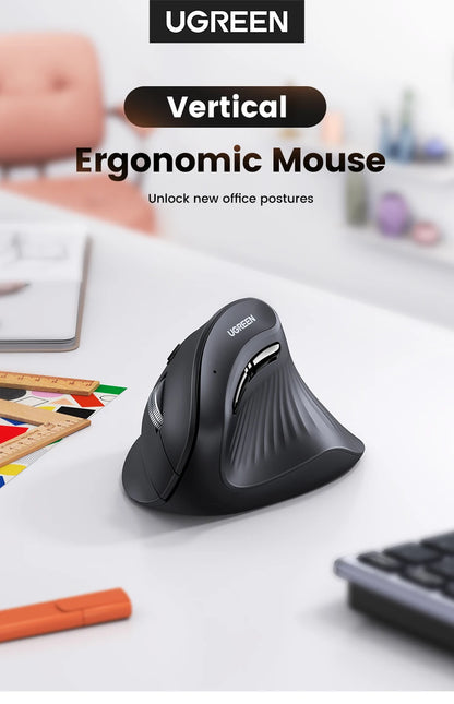 UGREEN Vertical Mouse Wireless Bluetooth5.0 2.4G Ergonomic 4000DPI 6 Mute Buttons for MacBook Tablet Laptops Computer PC Mice