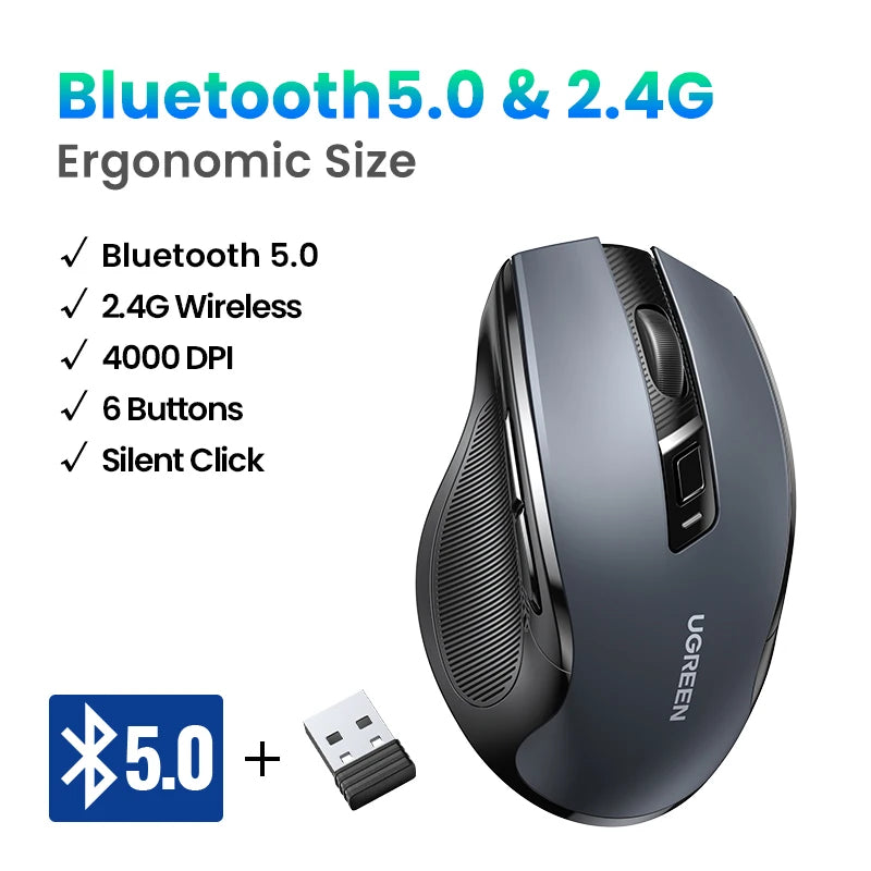 UGREEN Wireless Mouse Bluetooth5.0 Mouse Ergonomic 4000DPI 6 Mute Buttons Mouse For MacBook Tablet Laptops Computer PC 2.4G Mice