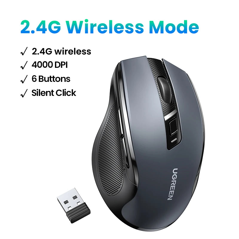 UGREEN Wireless Mouse Bluetooth5.0 Mouse Ergonomic 4000DPI 6 Mute Buttons Mouse For MacBook Tablet Laptops Computer PC 2.4G Mice