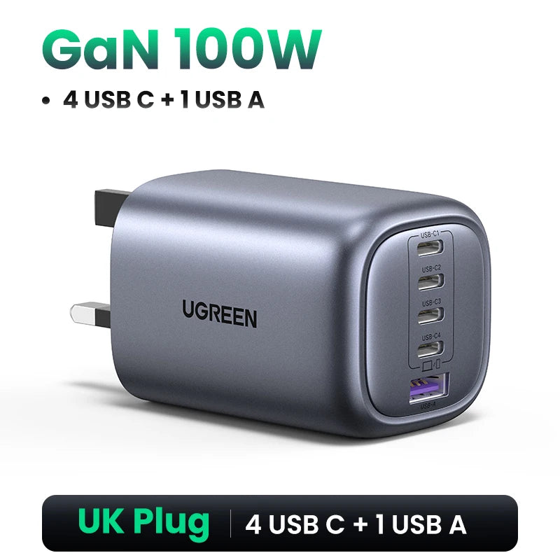 UGREEN 100W GaN Charger 5 Ports USB C Charger QC4.0 3.0 PPS For Macbook Air Laptop Tablet PDFast Charger For iPhone 16 15 14 Pro